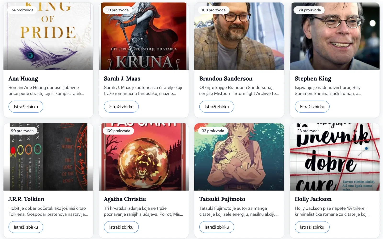 The authors page: a grid of author collections with photos and covers, each with a product count and an Explore button.