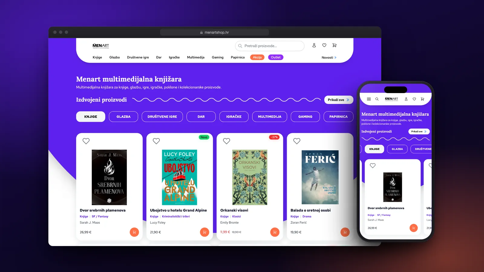 The Menart shop home page in a browser and on a phone: violet header, category buttons and featured book cards with orange cart buttons.