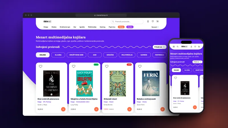 The Menart shop home page in a browser and on a phone: violet header, category buttons and featured book cards with orange cart buttons.