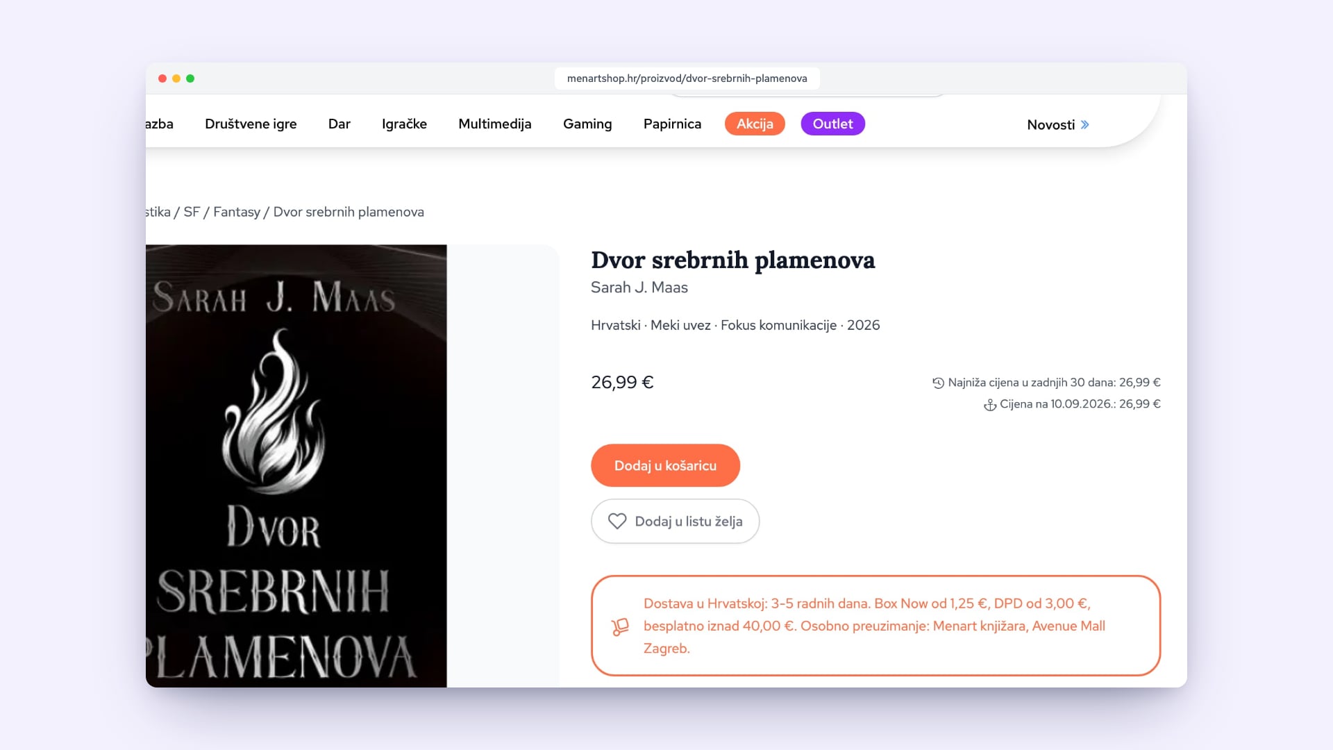 A product page close-up: price history, an orange Add to cart button and delivery options next to the book cover.