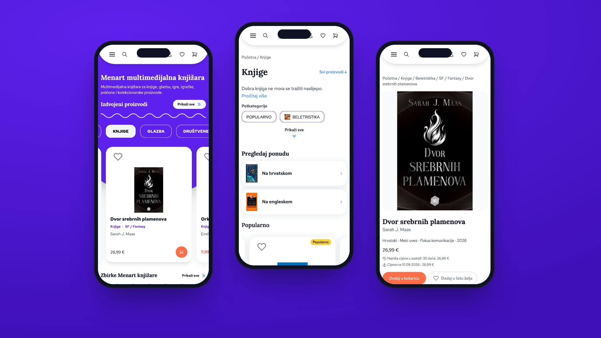 Three phones showing the shop home page, the books category and a product page.