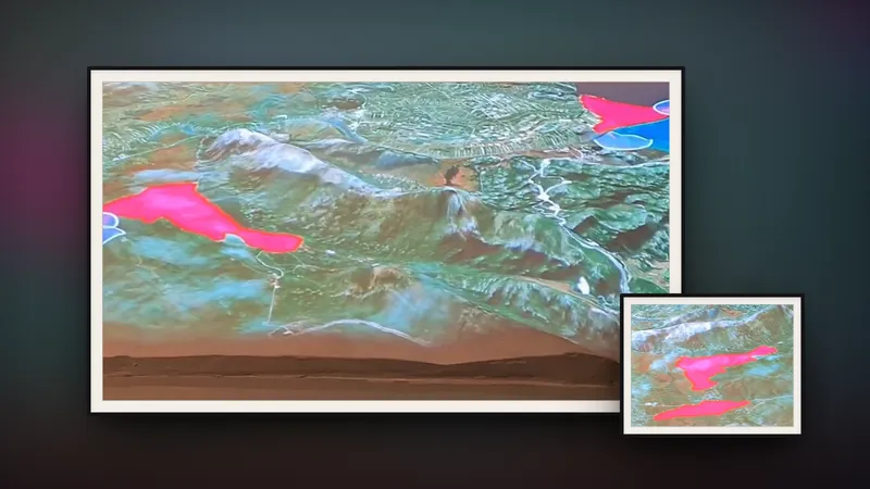 The Neretva relief in two framed photographs: aerial imagery projected onto the hand-made plaster model, with protected areas in pink and habitats in blue.