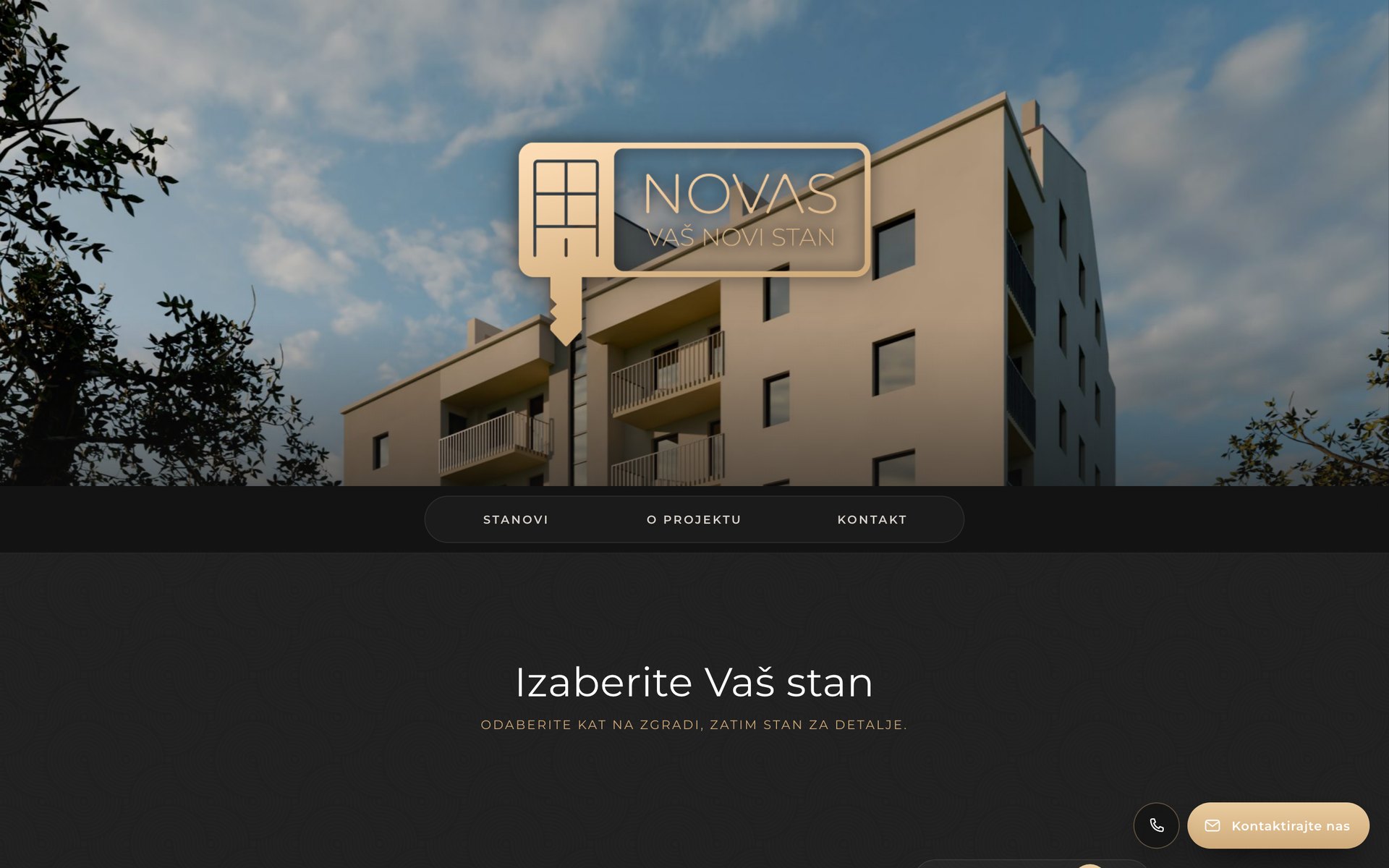 The Novas home page: a golden-hour render of the building from the street, with the gold Novas logo.