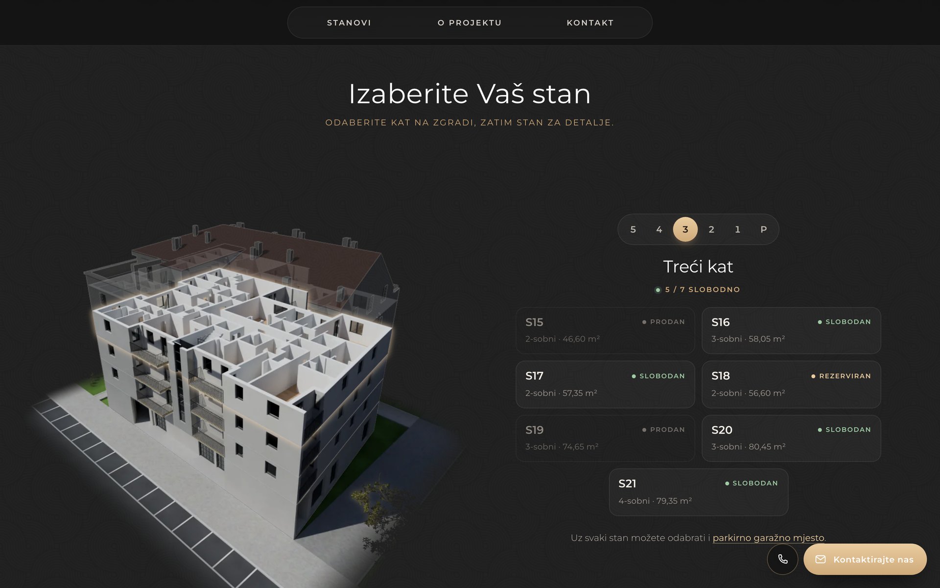 The third floor selected on the 3D model: the floors above fade to show its plan, with its apartments listed beside it.