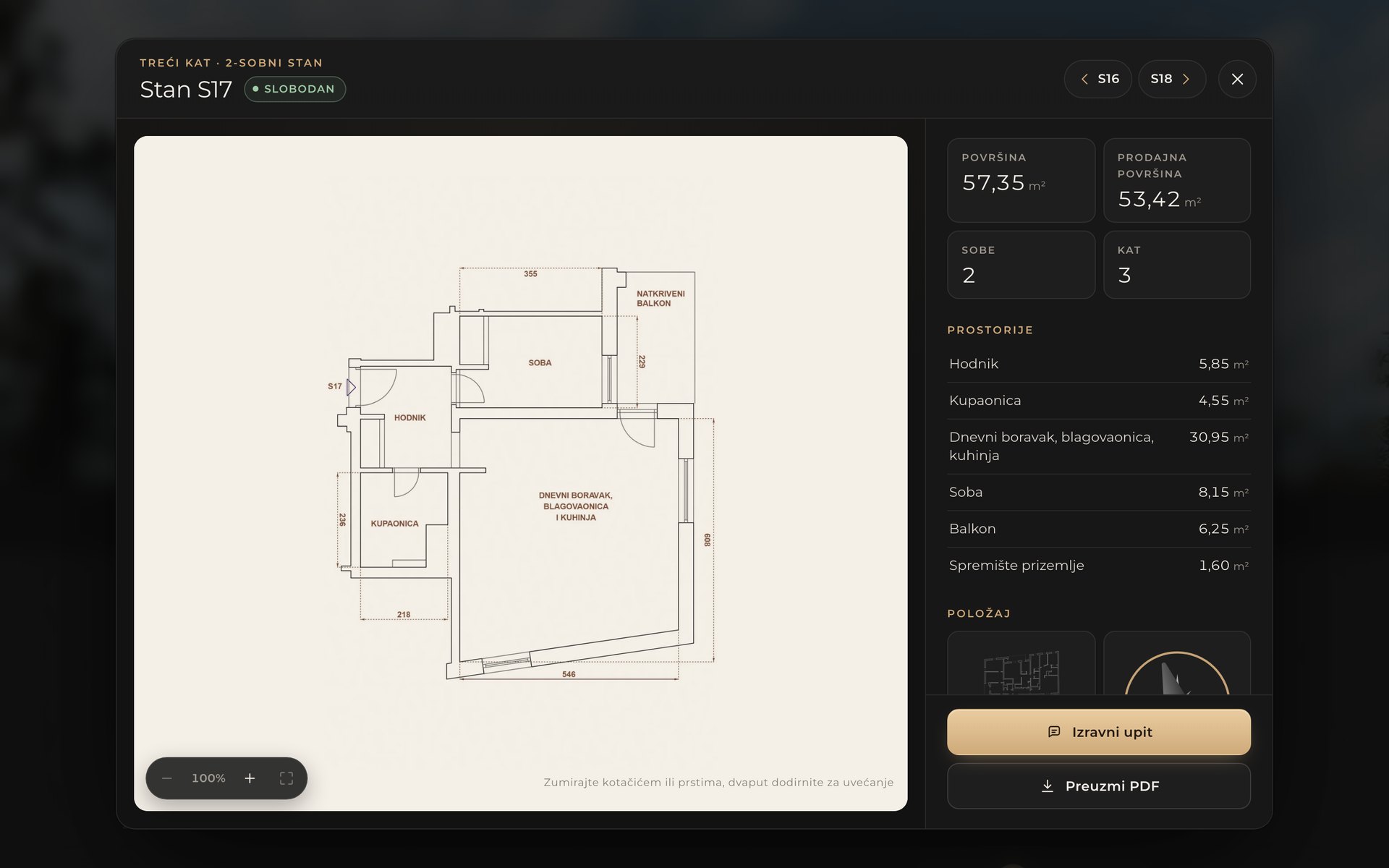 The plan viewer for apartment S17: the floor plan on a zoomable stage beside its areas, room list, position on the floor and orientation, with buttons for an inquiry and the PDF sales sheet.