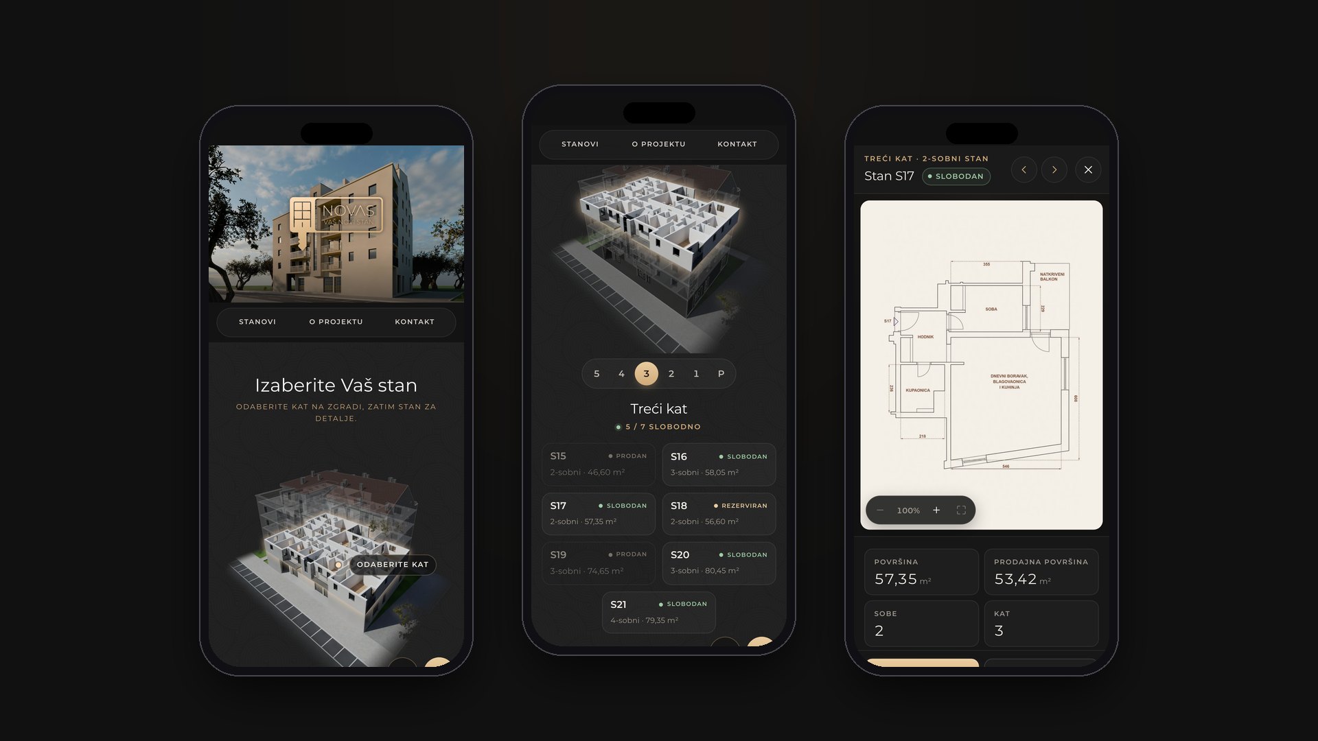 Three phones showing the home page with the building render, the floor picker with the third floor open, and an apartment card.