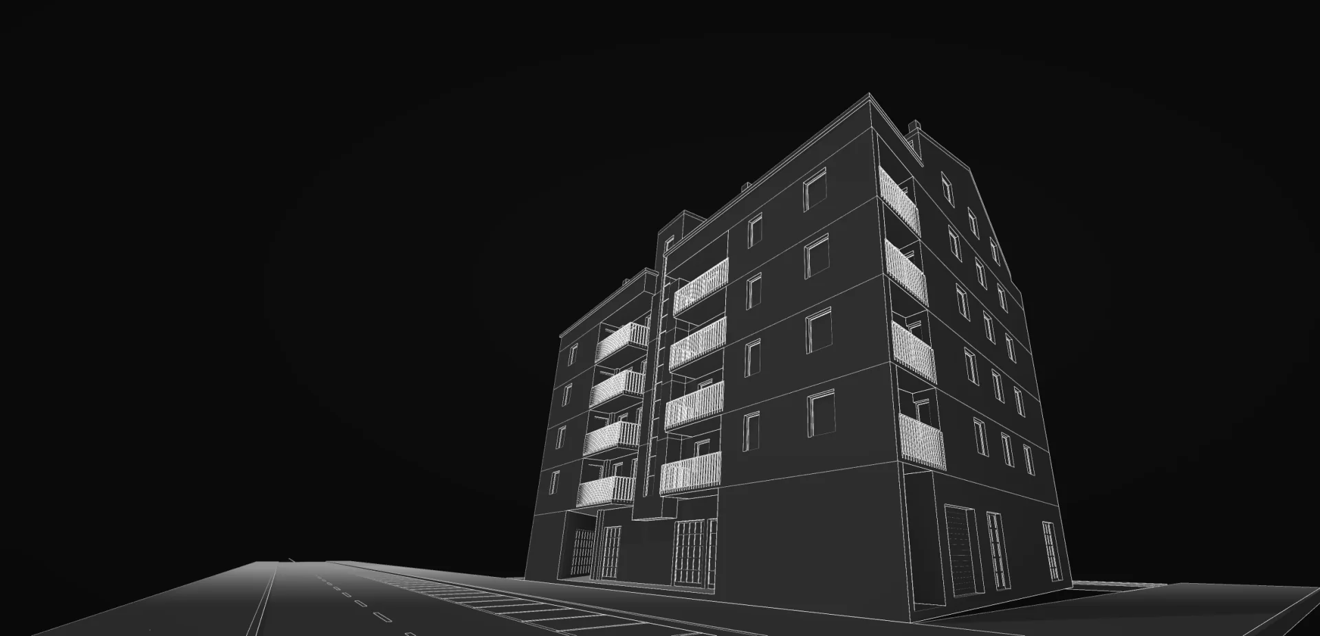 The improved Novas model drawn in white lines on black: a low view up the corner of the building, its balconies and the lines between floors.