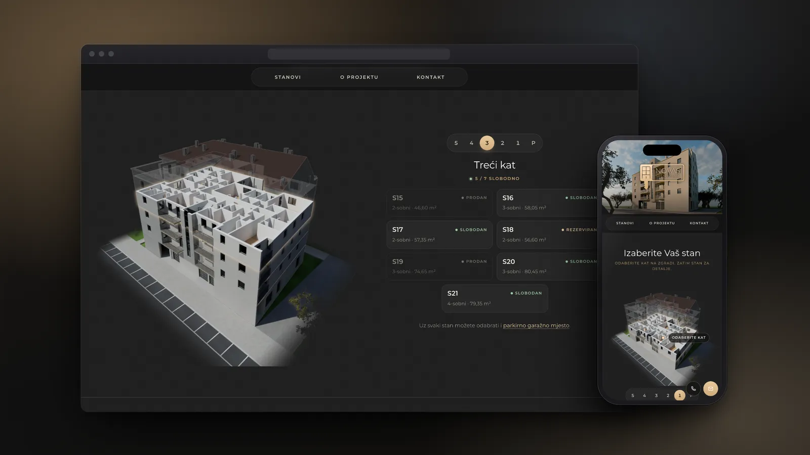 The Novas apartment picker in a browser, the third floor cut open to show its apartments beside a list of unit cards, next to a phone showing the golden-hour render of the building on the home page.