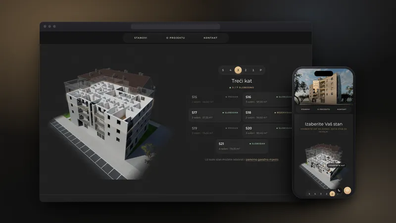 The Novas apartment picker in a browser, the third floor cut open to show its apartments beside a list of unit cards, next to a phone showing the golden-hour render of the building on the home page.