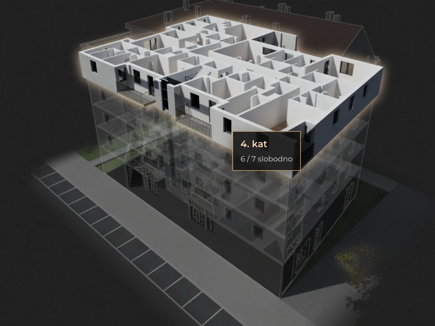 Close-up of the 3D building: the fourth floor lifts out on hover, cut open to show its apartments, with a tooltip showing six of its seven still free.