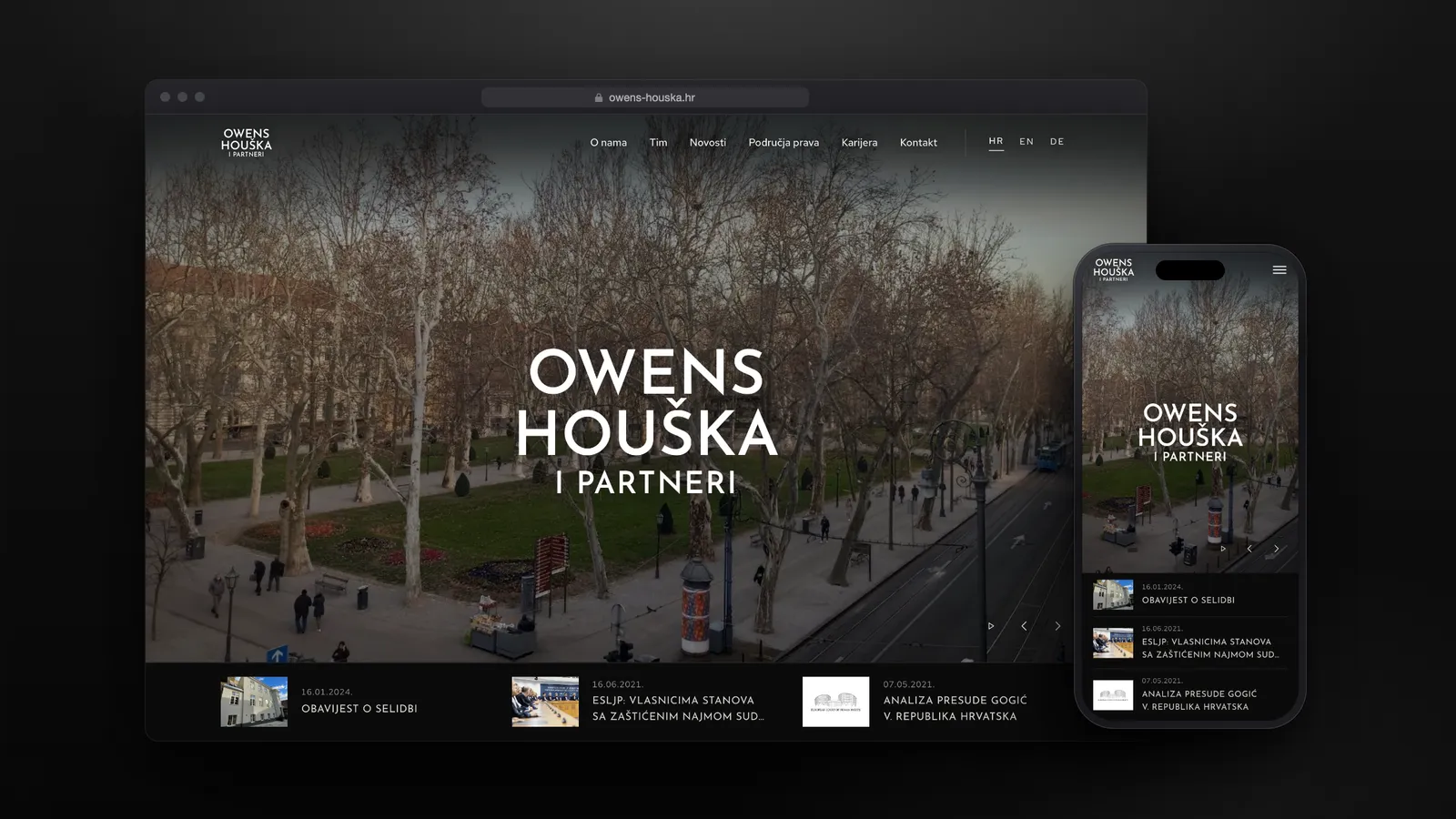 The Owens, Houška i partneri website in a browser and on a phone: the firm's wordmark over a tree-lined Zagreb square, with the latest news and their photos below.