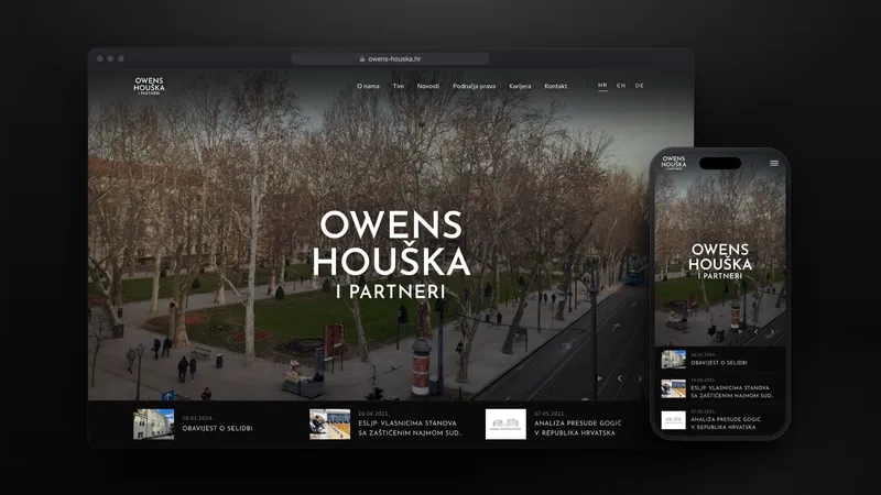 The Owens, Houška i partneri website in a browser and on a phone: the firm's wordmark over a tree-lined Zagreb square, with the latest news and their photos below.