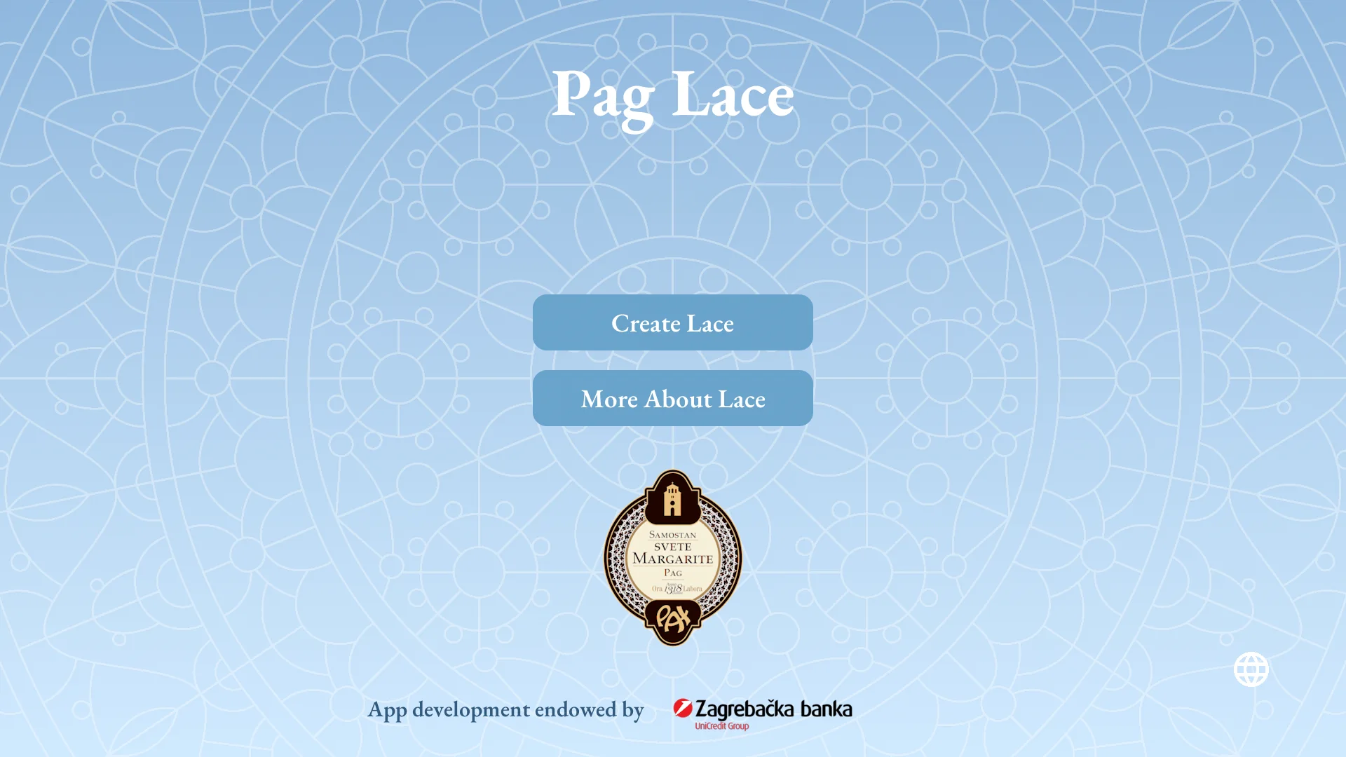 The Pag Lace title screen: “Create Lace” and “More About Lace” buttons over a pale blue lace pattern, with the seal of St. Margaret’s convent in Pag and a credit to Zagrebačka banka.