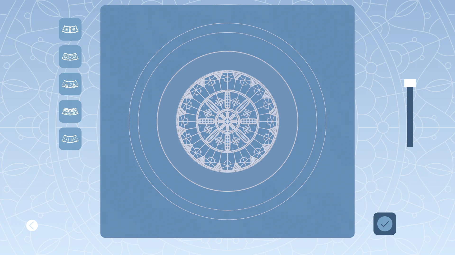 A round design in progress: the centre and two rings of white lace on the blue design panel, the next ring highlighted and its patterns in a column on the left.