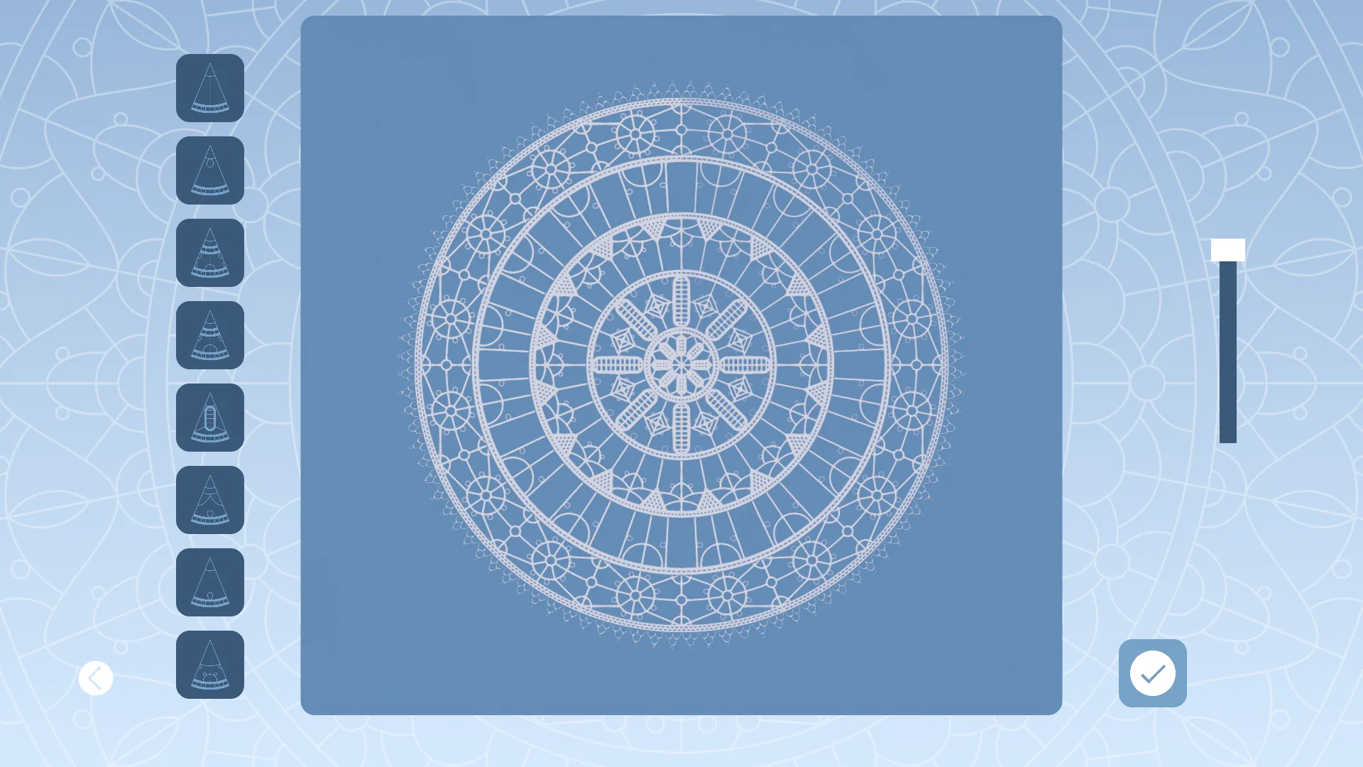 A finished round design: rings of white lace motifs from the centre out to a picot edge, on the blue design panel.