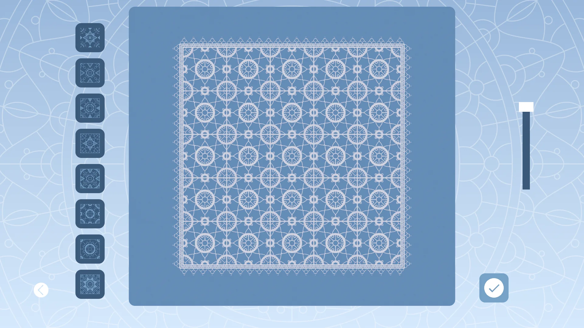 A finished square design: one lace motif repeated across a five-by-five grid inside a lace border.