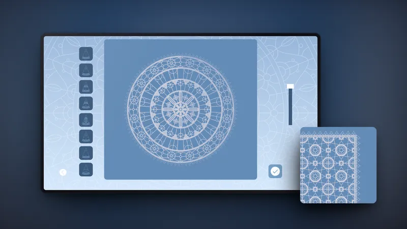 The Pag Lace app on a touch-table screen: a finished round lace design in white on the blue design panel beside the column of lace patterns, with a close-up of a square design tiled from one motif.
