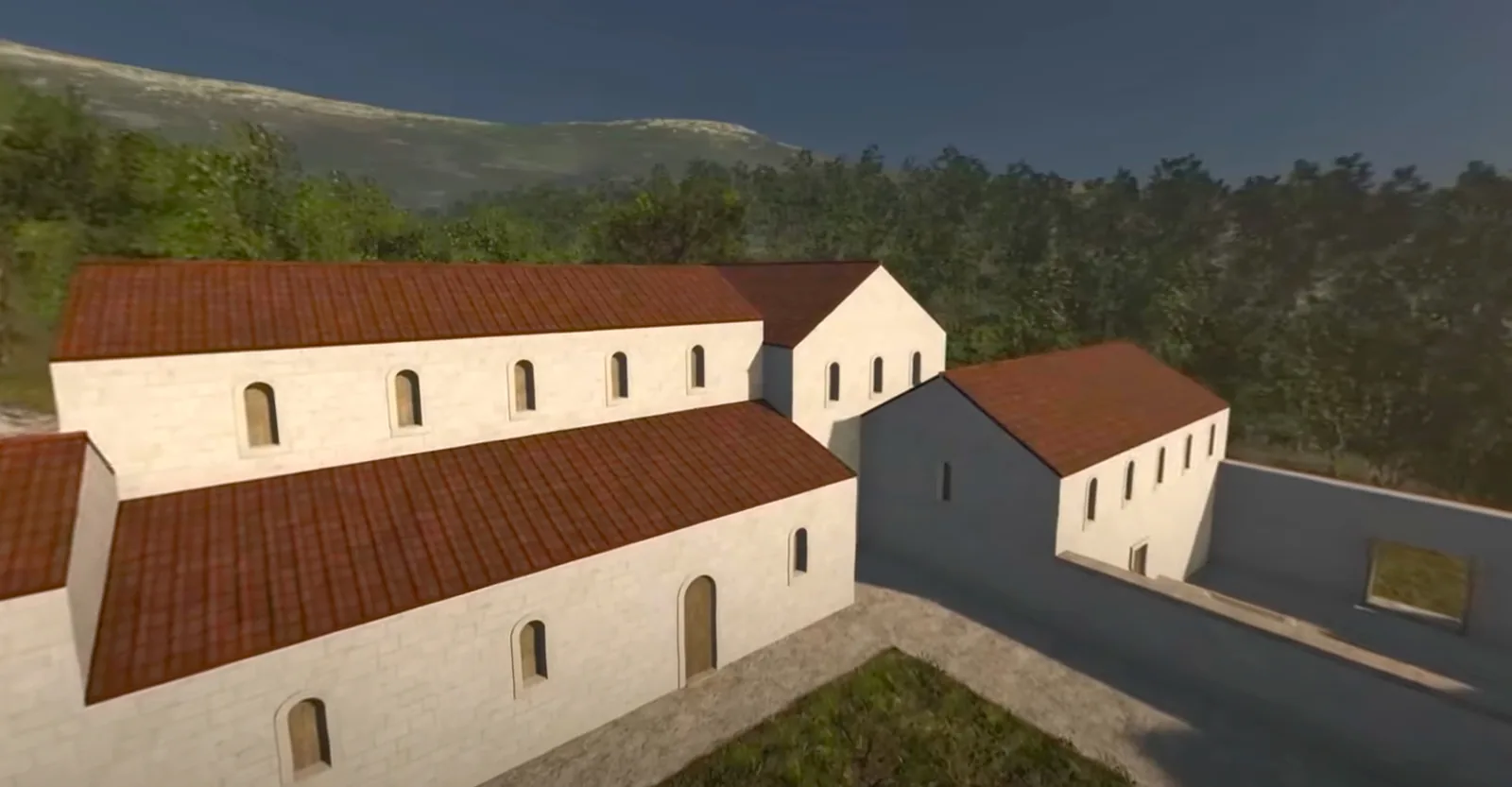 A render from the reconstruction: the church and the buildings beside it, seen from above, with wooded hills behind.