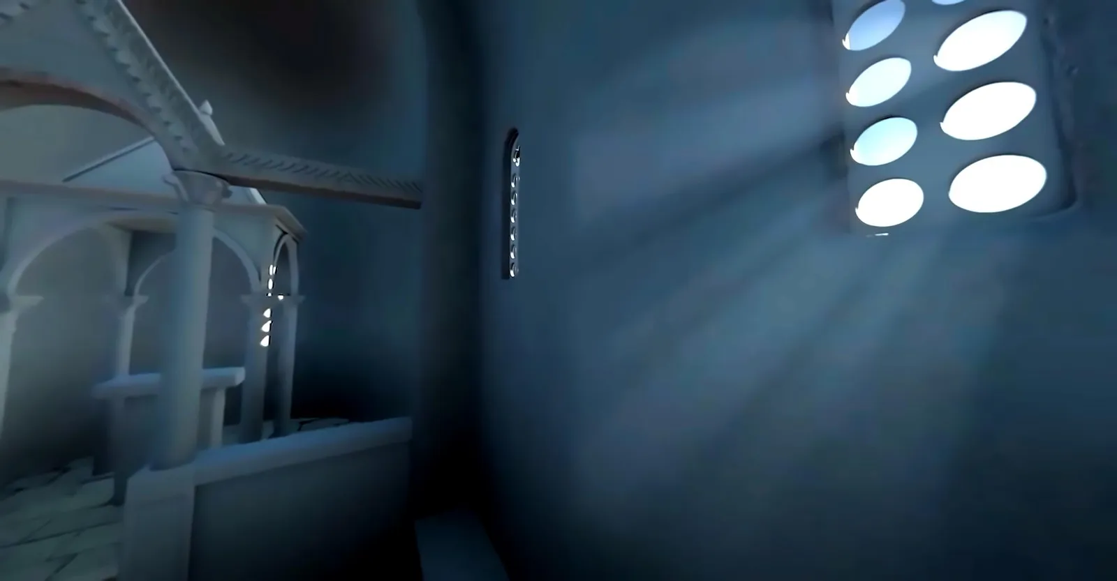 VR reconstruction of the church interior, with light beaming through a round-paned window beside a columned canopy.