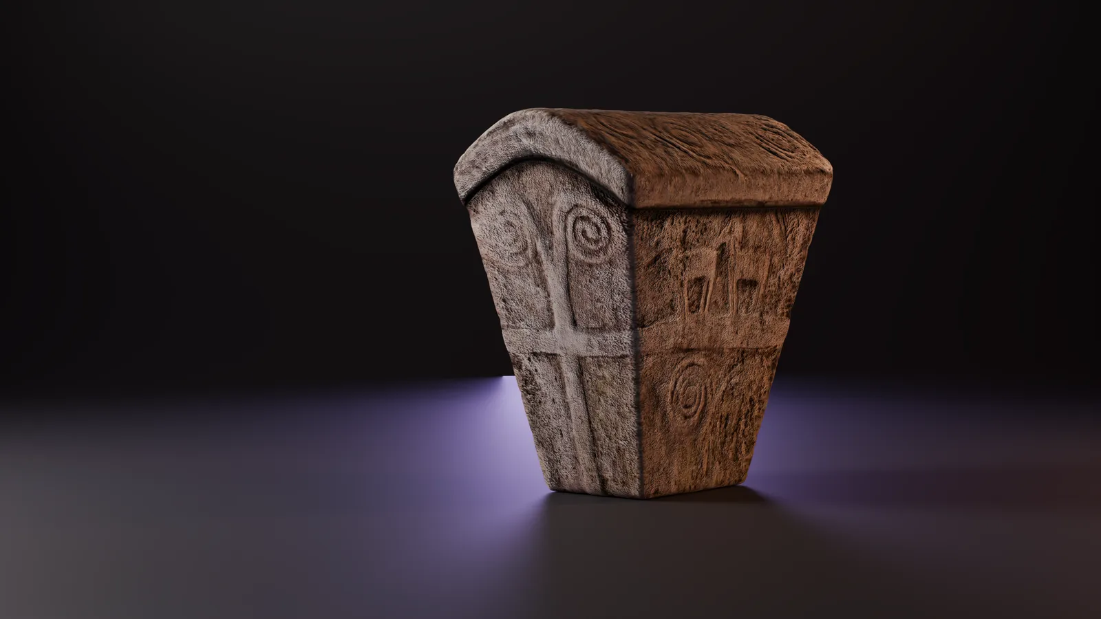 Photogrammetric 3D scan of a medieval stećak tombstone with carved spirals, a cross and animal figures, lit in a dark studio.