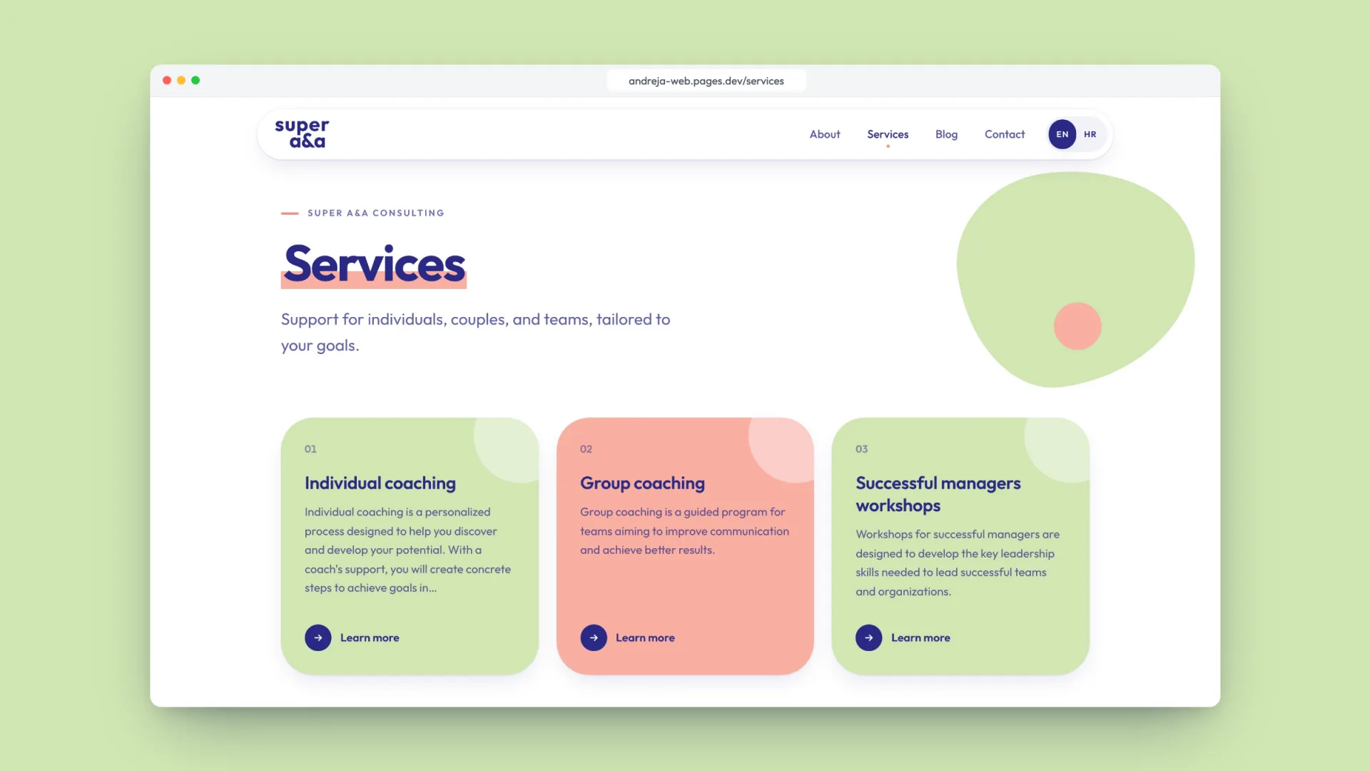 The Services page: numbered sage and salmon cards for individual coaching, group coaching and workshops for managers.