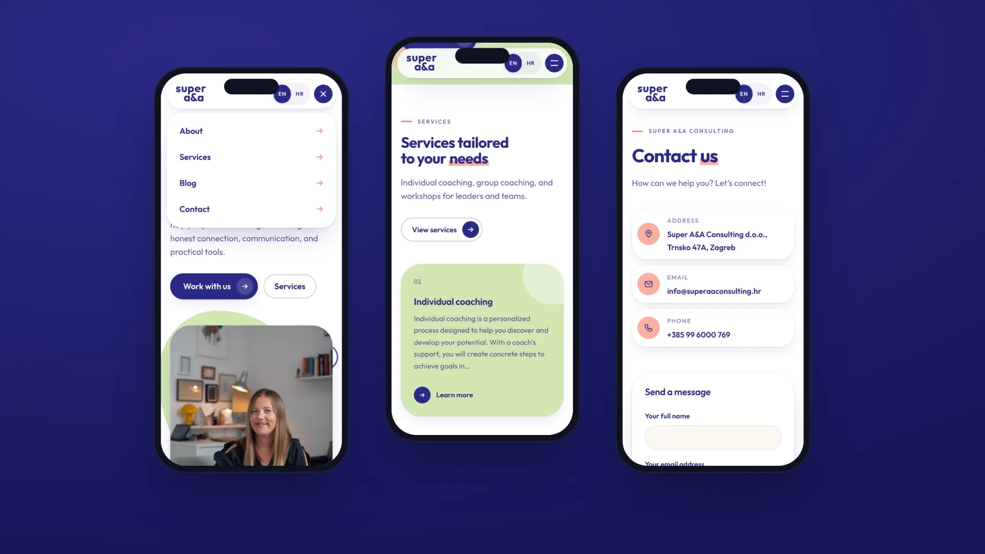 Three phones showing the open mobile menu, the services on the home page, and the contact page with its form.